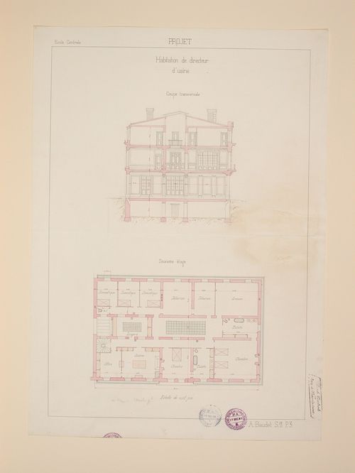 Student engineering drawing: plan and cross section for a project for a factory director's residence