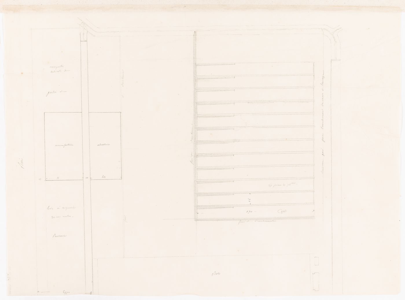 Sketch block plan including a "porcherie" for either Clos d'équarrissage or the horse slaughterhouse, La Villette