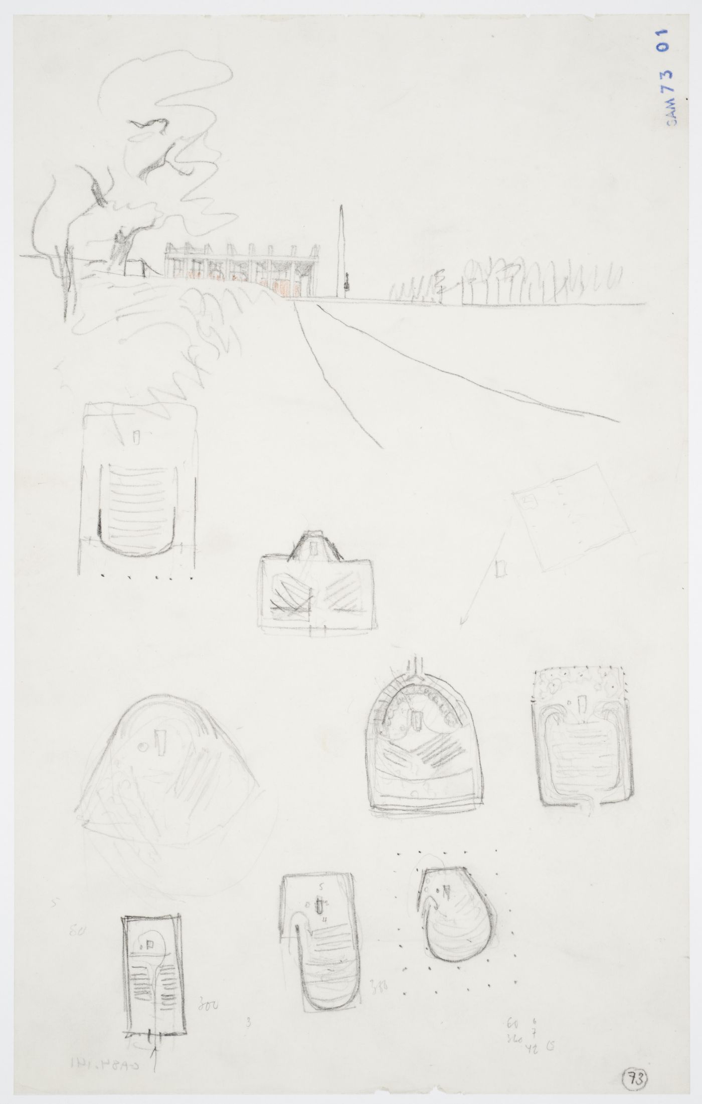 Sketch plans and exterior sketch perspective for Monument Hall, the Chapel of the Holy Cross and the Way of the Cross Walkway showing an obelisk, Woodland Crematorium, Woodland Cemetery, Stockholm, Sweden