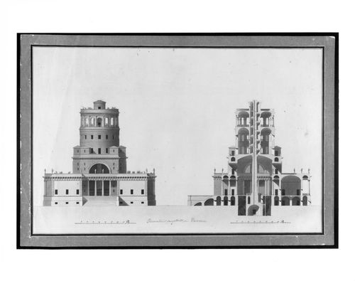 Elevation and section for a proposed observatory in Parma