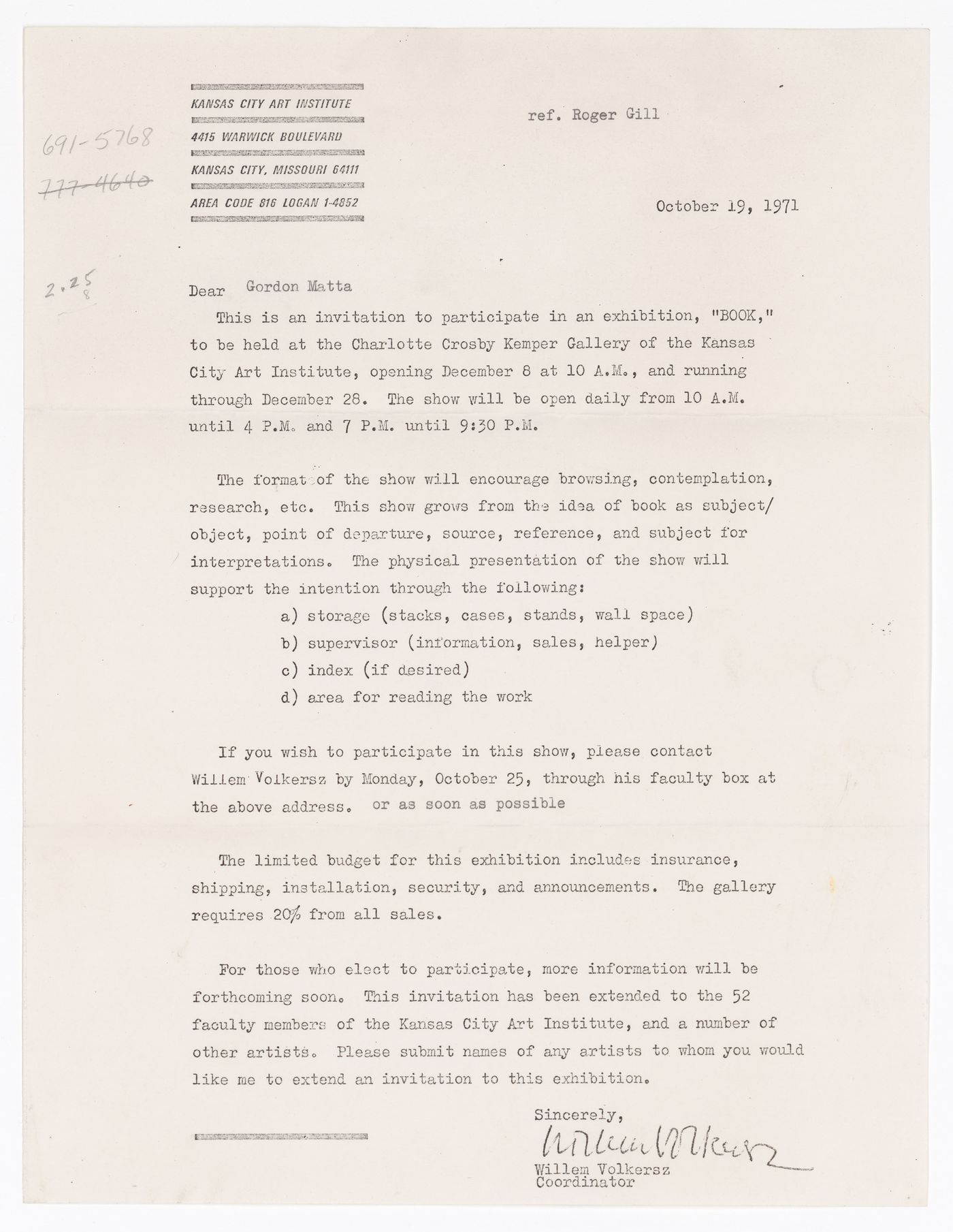 Letter from Willem Volkersz to Gordon Matta-Clark