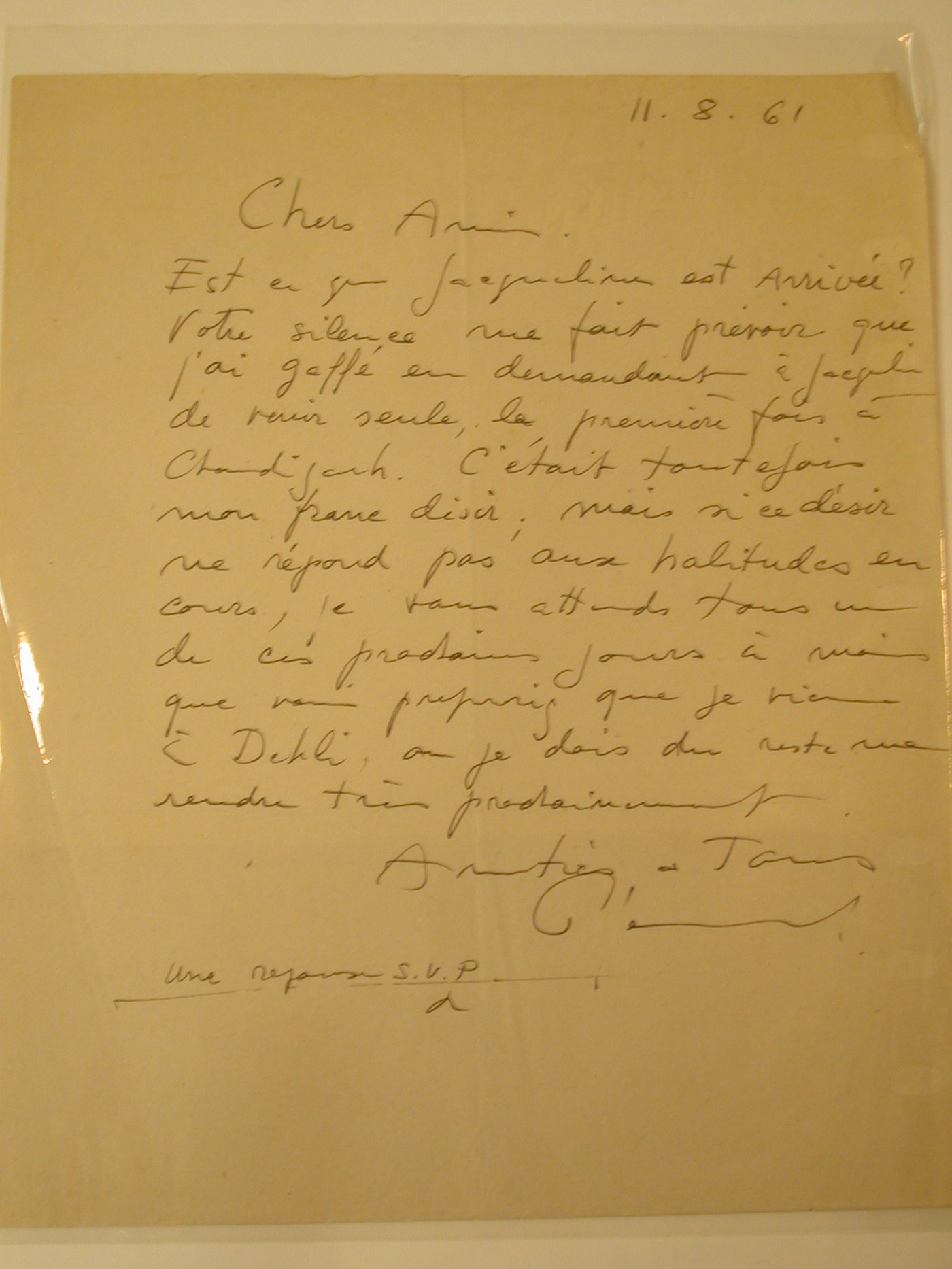 Lettre de Pierre Jeanneret à Luc Durand