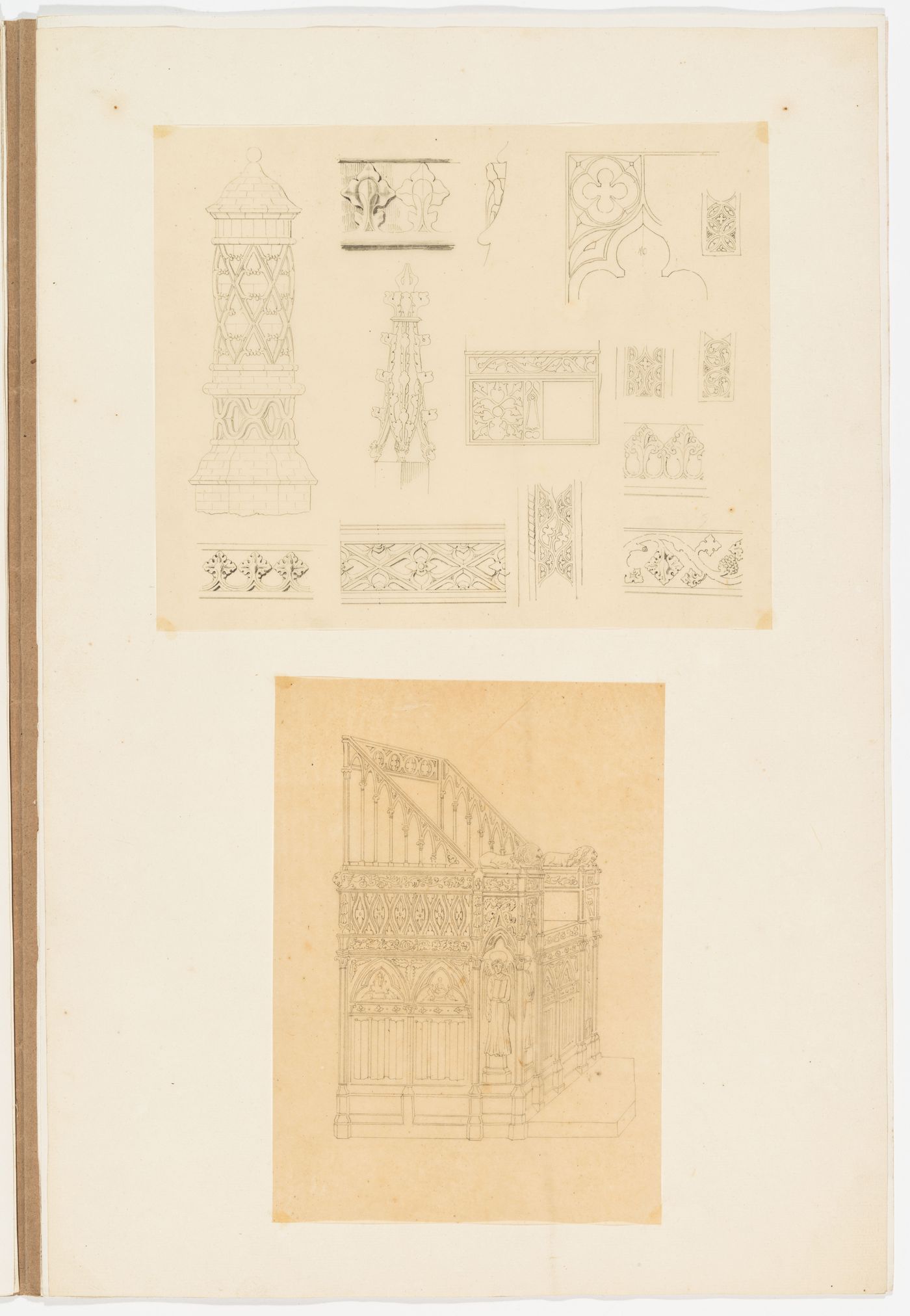Drawings of Gothic ornament and architectural elements including a pinnacle, a trefoil with spandrels, and running foliated ornament, probably for moldings; Drawing of an ornate carved bishop's throne