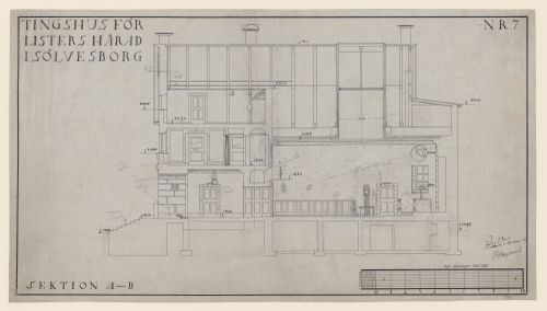 Section A-B for Listers härads tingshus showing a circular courtroom, Sölvesborg, Sweden