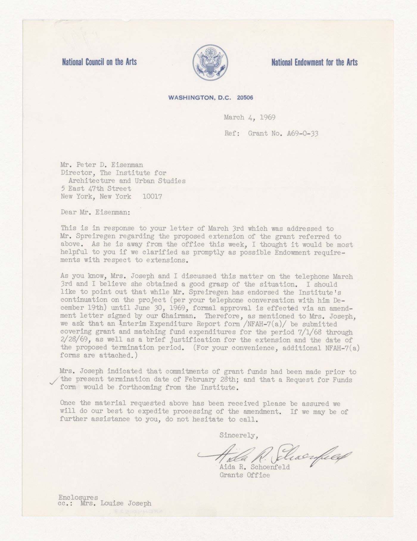 Letter from Aida R. Schoenfeld to Peter D. Eisenman about extension for project funded by the National Endowment for the Arts (NEA)