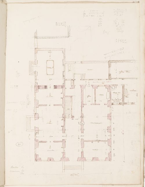 Project no. 8 for a country house for comte Treilhard: Ground floor plan; verso: Project no. 8 for a country house for M. de Treilhard: Sketch elevation and plans