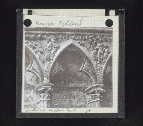 Detail view of relief sculpture on west façade of Cathédrale Saint-Etienne de Bourges, Bourges, France