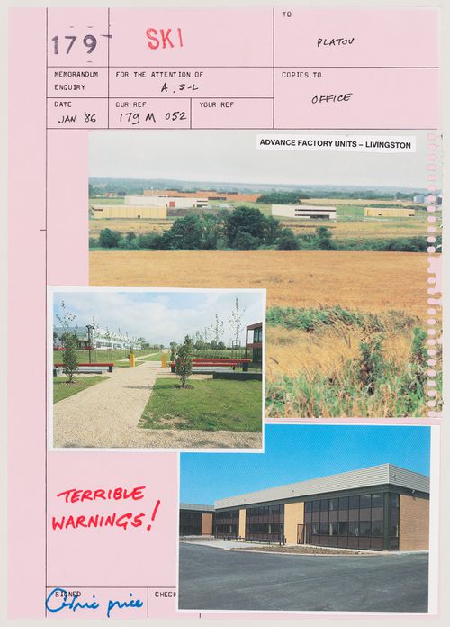 Ski: collage of views of industrial buildings with comment "Terrible warnings!"