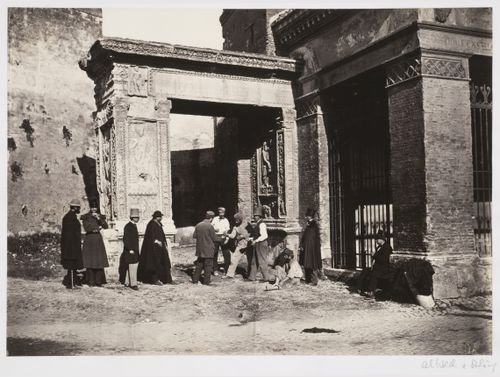 Arch of the Silversmiths, view with men gambling before arch, Rome, Italy
