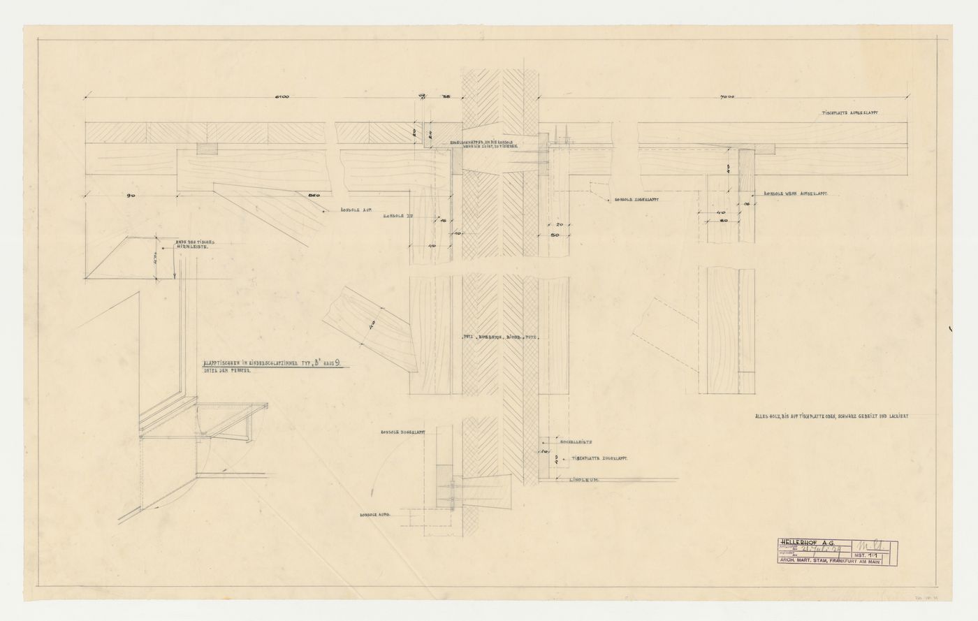 Perspective and section for a folding table for a type B children's bedroom for house 9, Hellerhof Housing Estate, Frankfurt am Main, Germany