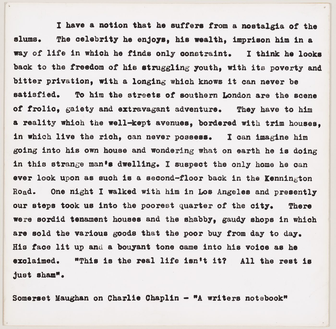 Photograph of a typescript text by W. Somerset Maugham on Charlie Chaplin