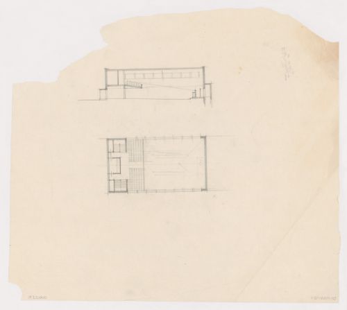 Plan and section for the church meeting hall for Kiefhoek Housing Estate, Rotterdam, Netherlands