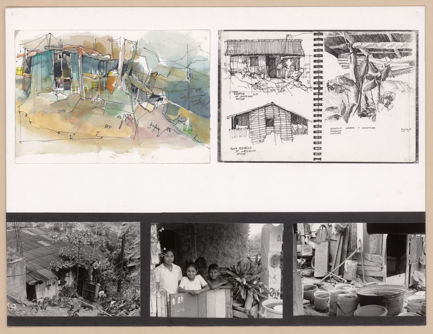 Presentation panel with painted rendering of a house, pages of a sketchbook, and photographs of a house and its residents for the Urban Upgrading project La Esperanza, in Zihuatanejo, Mexico