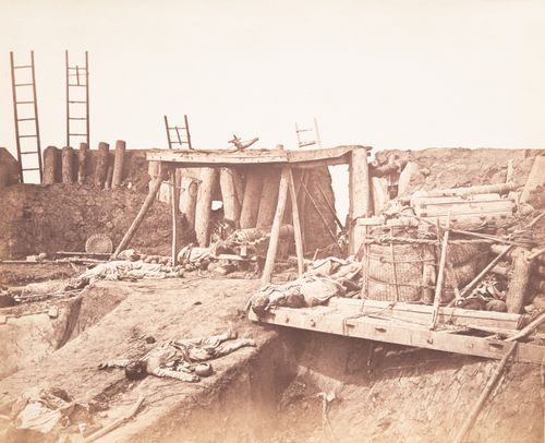 Partial view of the ruins of the Upper North Taku Fort, showing dead soldiers, Taku (now Dagu), near Tientsin (now Tianjin), China