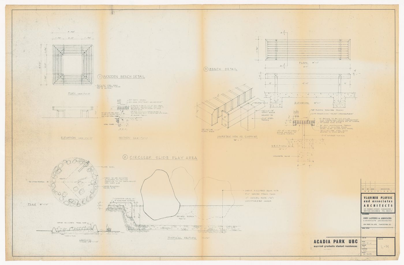 Details for benches and circular slide play area for Acadia Park, University of British Columbia, Vancouver, British Columbia