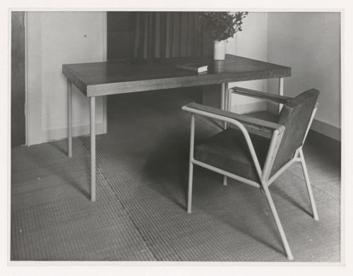 Interior view of Hannema House I showing a table and armchair designed by J.J.P. Oud, Rotterdam, Netherlands