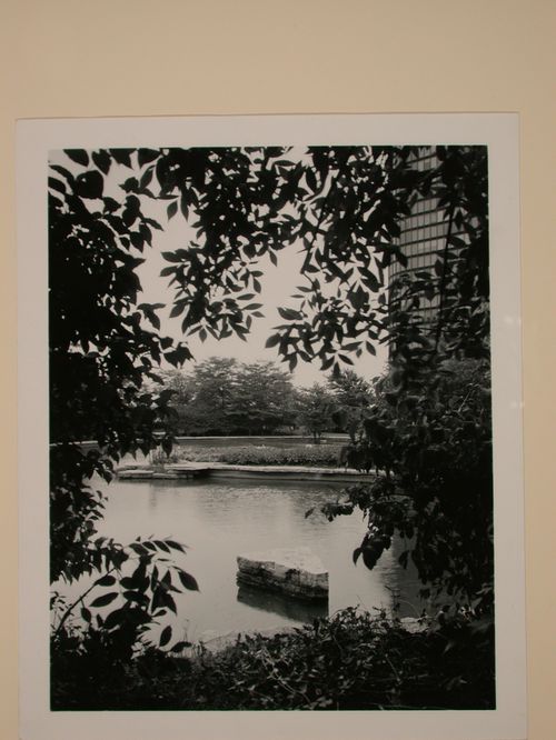 View of the Lake Point Tower Park showing the pond in the foreground and Lake Point Tower on the far right, 505 North Lake Shore Drive, Chicago