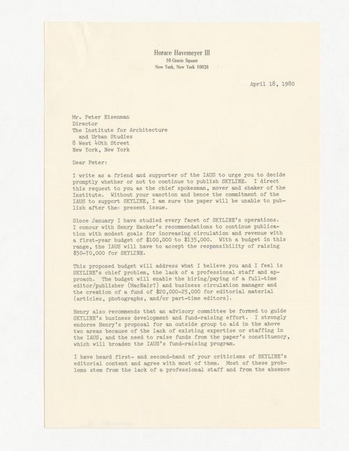 Letter from Horace Havemeyer III to Peter D. Eisenman about continuing publication of Skyline