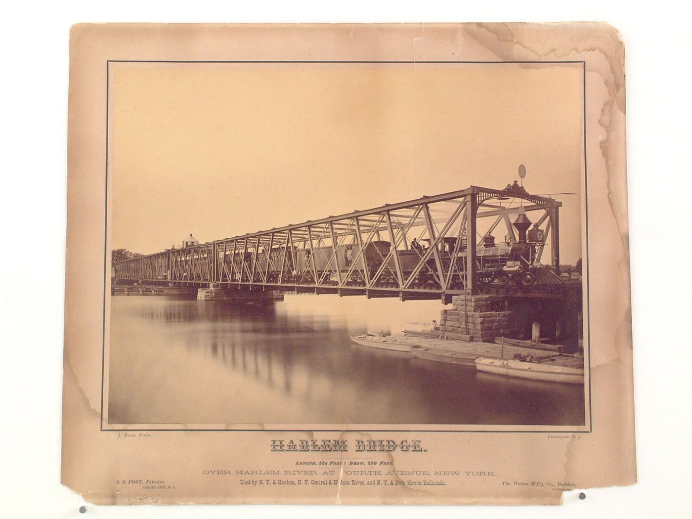 View of the Harlem Bridge showing a train, people and the Harlem River, New York City, New York, United States