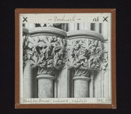 View of capitals of entrance of Chapter House, Southwell Minster, Southwell, Nottinghamshire, England