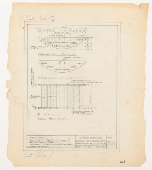 Preliminary elevation, section, and plan for rocking boat for Children's Creative Centre Playground, Canadian Federal Pavilion, Expo '67, Montréal, Québec