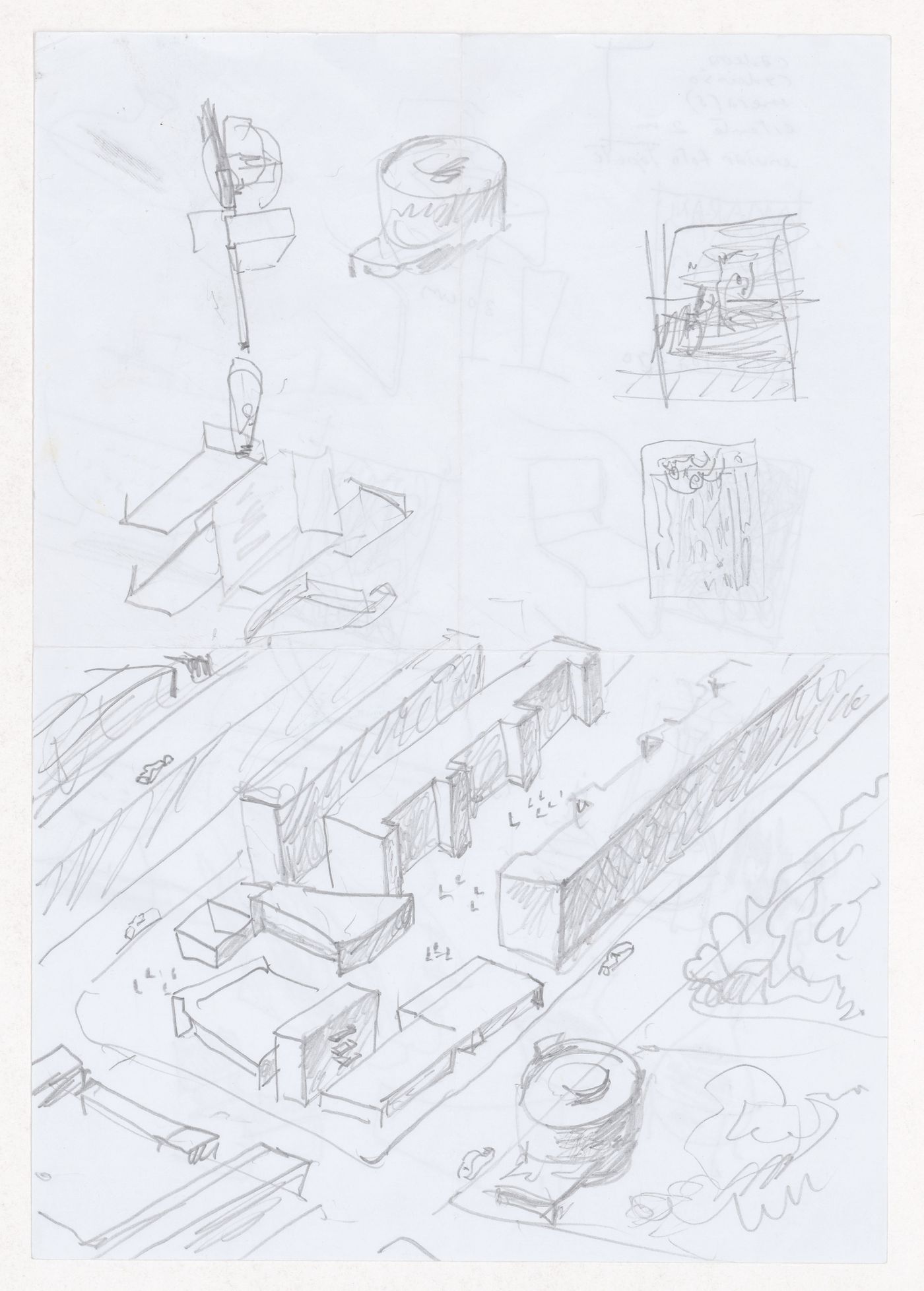 Sketch axonometric views for Edifícios Centrais do Campus de Tarongers - Proj. III, Valencia, Spain; verso: Sketches of chairs, people, and vessels for Edifícios Centrais do Campus de Tarongers - Proj. III, Valencia, Spain