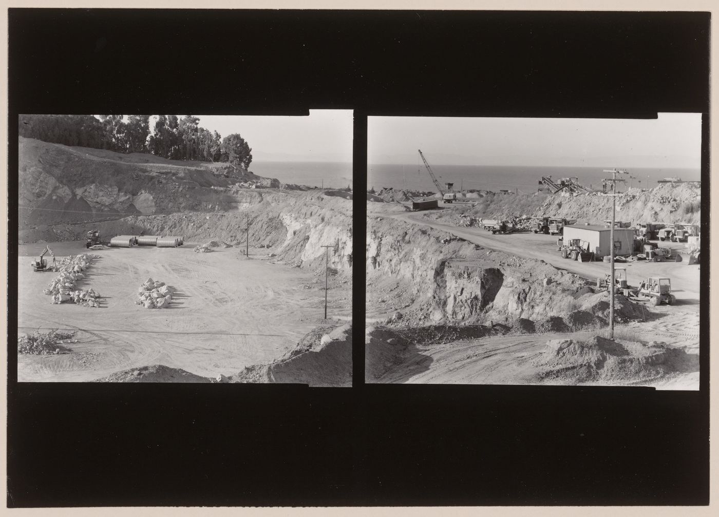 Panoramic composite photograph of the San Rafael Rock Quarry showing a pit and earthmoving equipment with San Francisco Bay in the distance, Point San Pedro, San Rafael, Marin County, California, United States