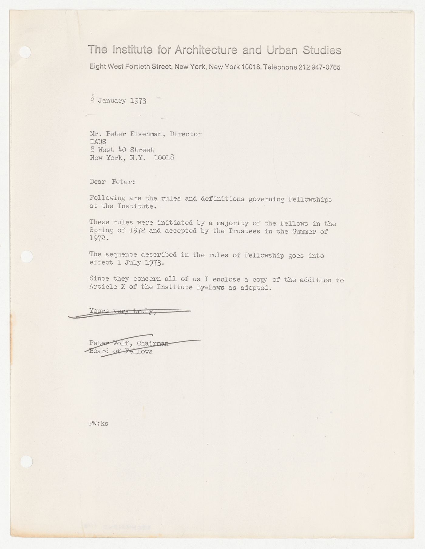 Memorandum from Peter Wolf to Peter D. Eisenman with attached Article X from IAUS Fellowship by-laws dated June 6th, 1972