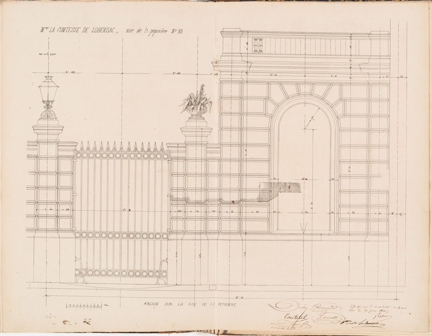 Contract drawing for a house for Madame la comtesse de Lubersac, 95 rue de la Pépinière, Paris: Partial elevation with profiles for the street façade