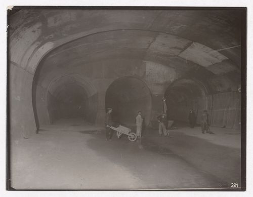 Construction of the Paris Metro, interior view of tunnels with workers, Paris, France