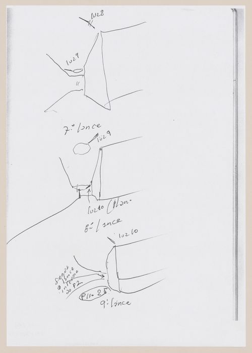 Sketch perspectives with annotations for C. Cultural e Audit. para a Fundação Iberê  Camargo [Iberê  Camargo Foundation Museum], Porto Alegre, Brazil