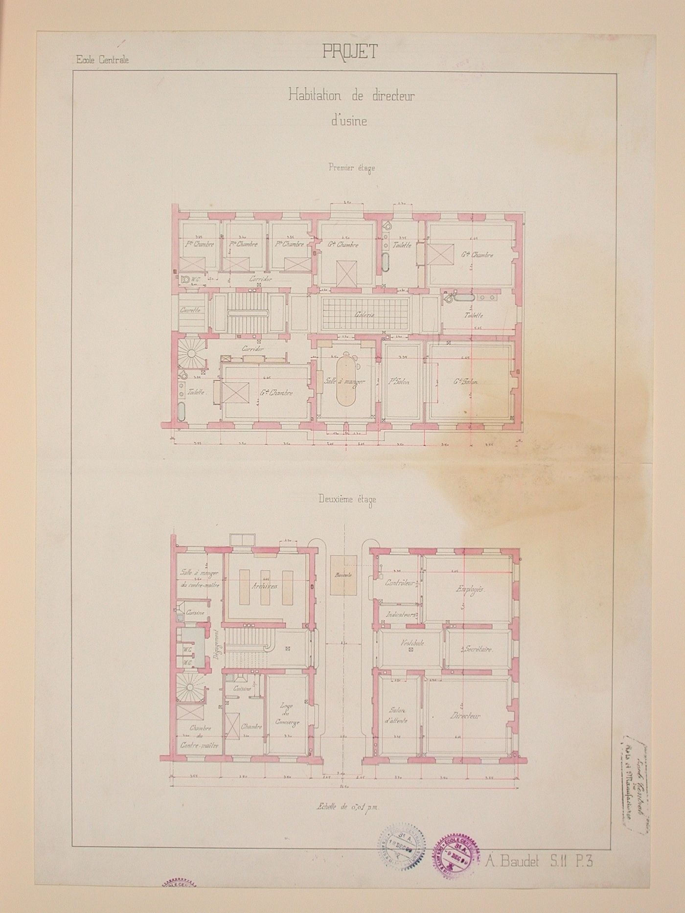 Student engineering drawing: First and second floor plans for a factory director's house