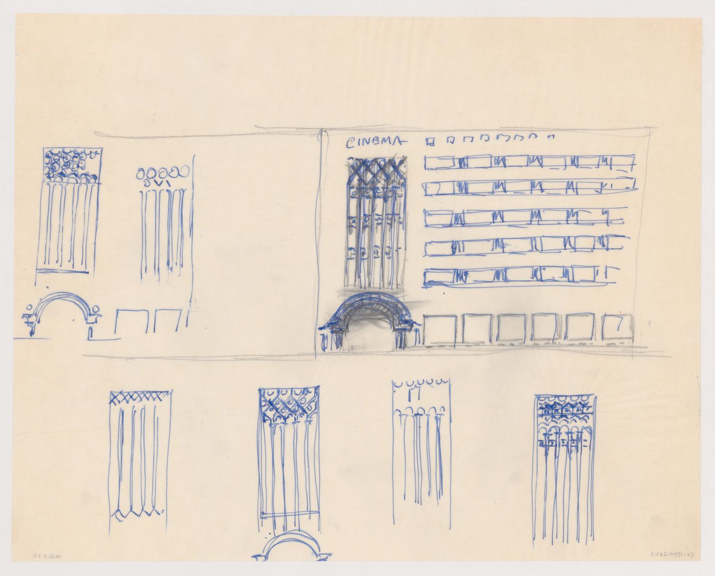 Sketch elevation and details for exterior ornament for a model for a cinema for the reconstruction of the Hofplein (city centre), Rotterdam, Netherlands