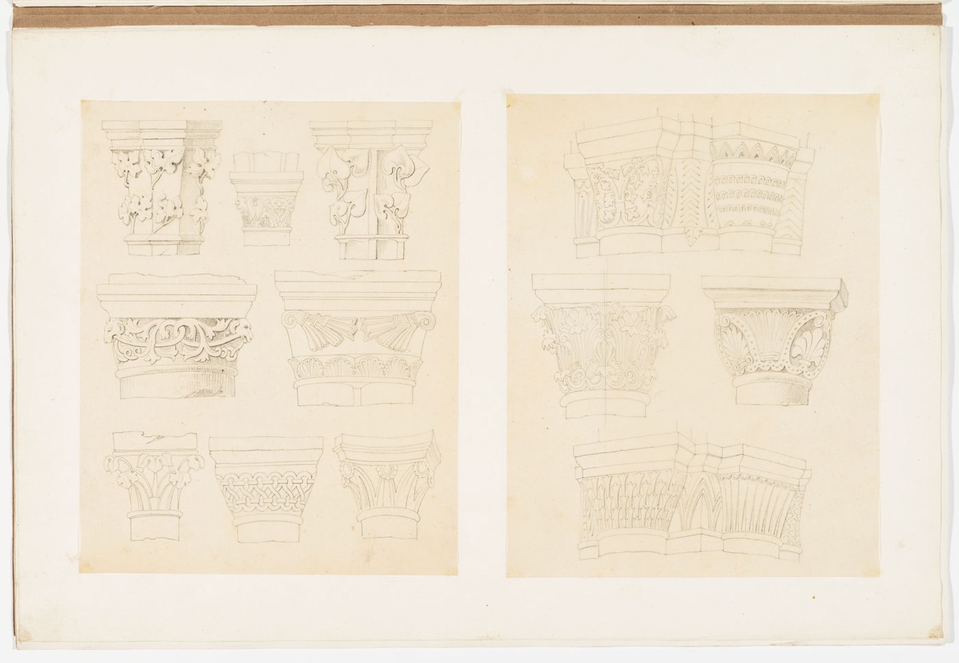 Two drawings of Gothic capitals and piers