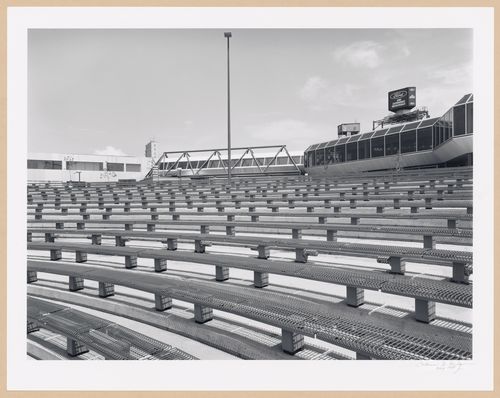 View of the tiered seats of the Agora with the skywalk in the background, Port of Québec, Québec