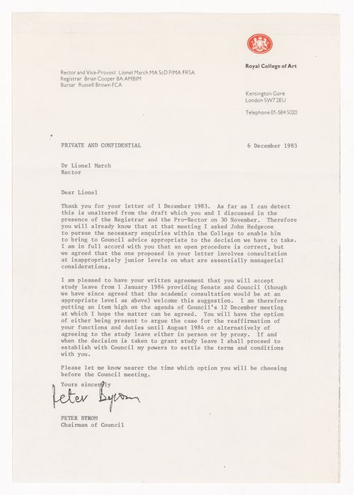 Letter from Peter Byrom to Lionel March regarding resignation from Royal College of Art, London