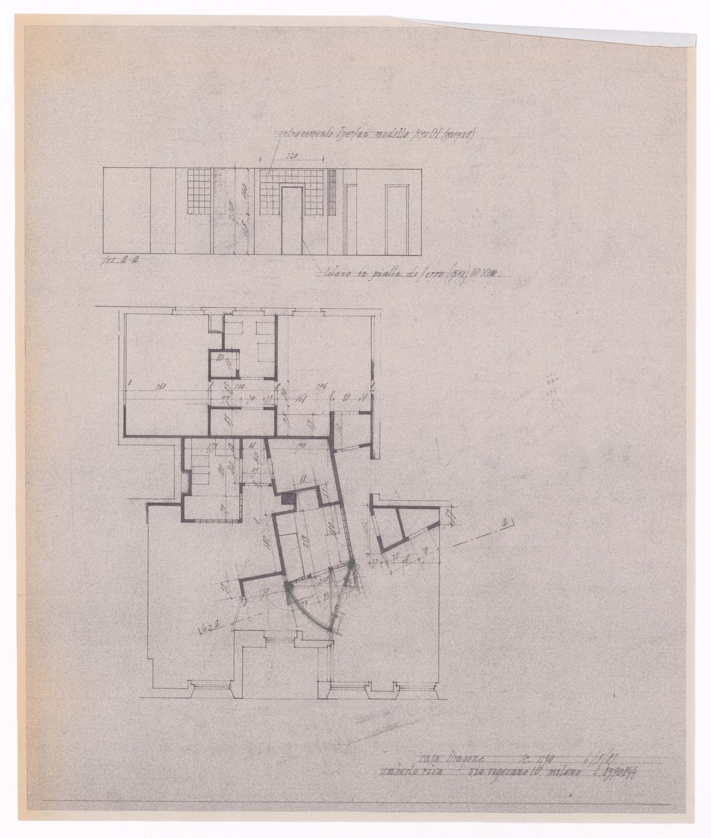 Elevation and floor plan for Casa Dragone e Paggi, Milan, Italy