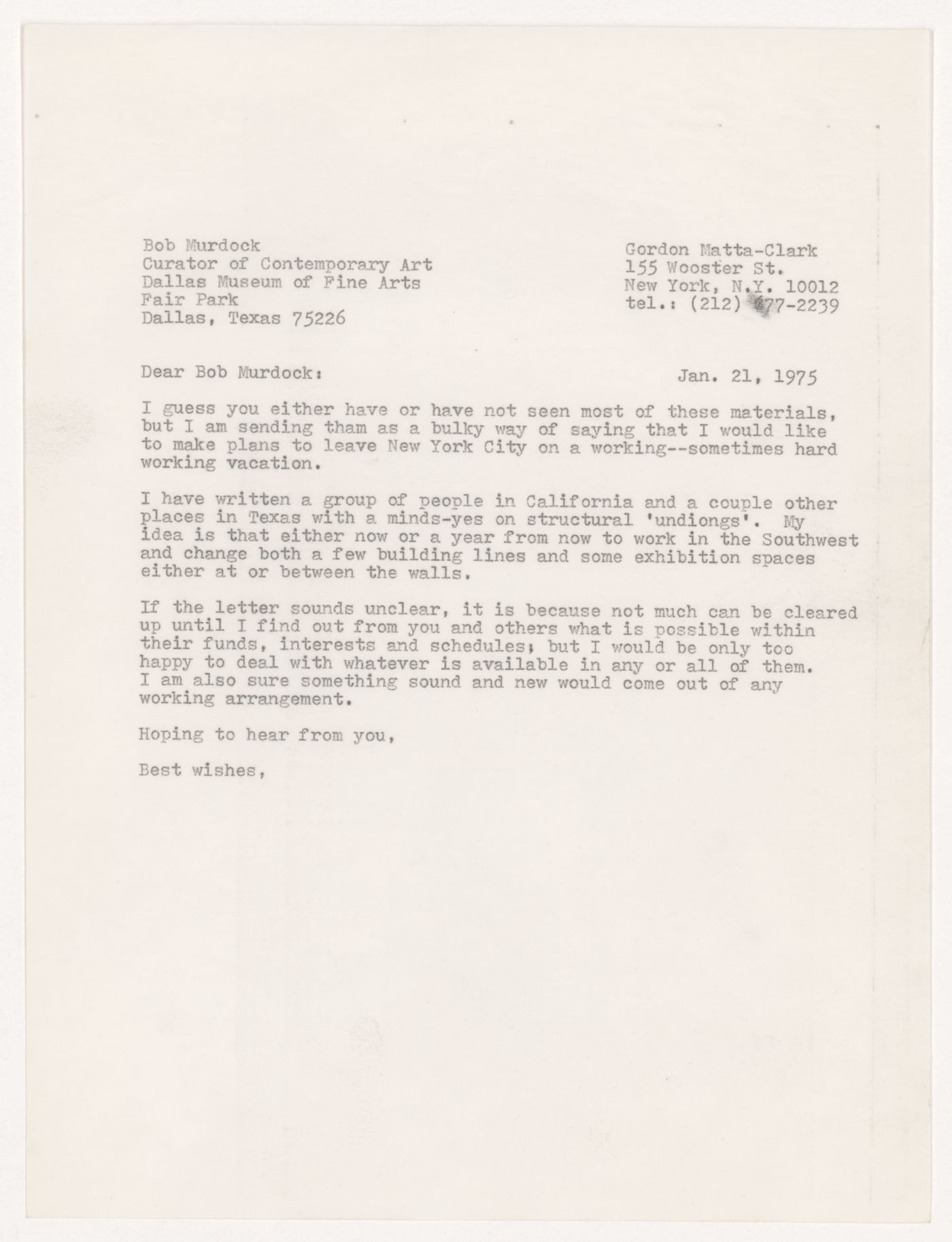 Letter from Gordon Matta-Clark to Bob Murdock