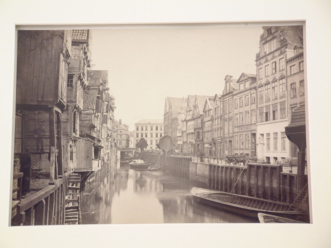 View of canal and surrounding structures, Hamburg, West Germany