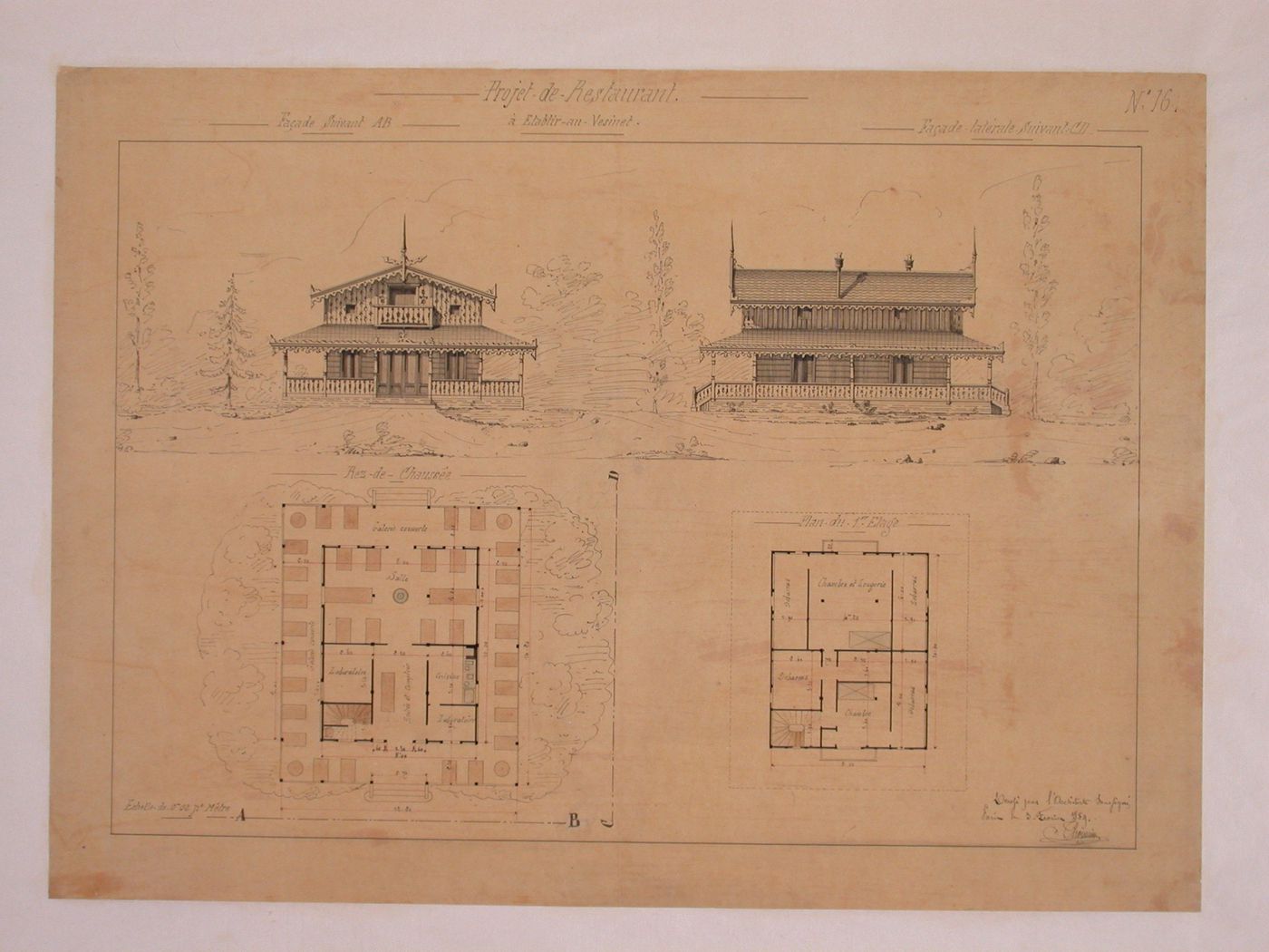 Rendered elevations and plans for a "Petit-Chateau" [sic]