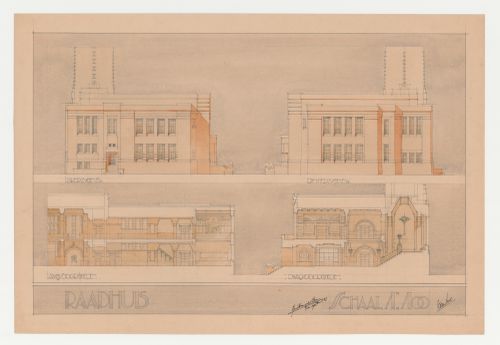 Student presentation drawing showing the sections and lateral elevations for a town hall, Technische Hogeschool Delft, Netherlands