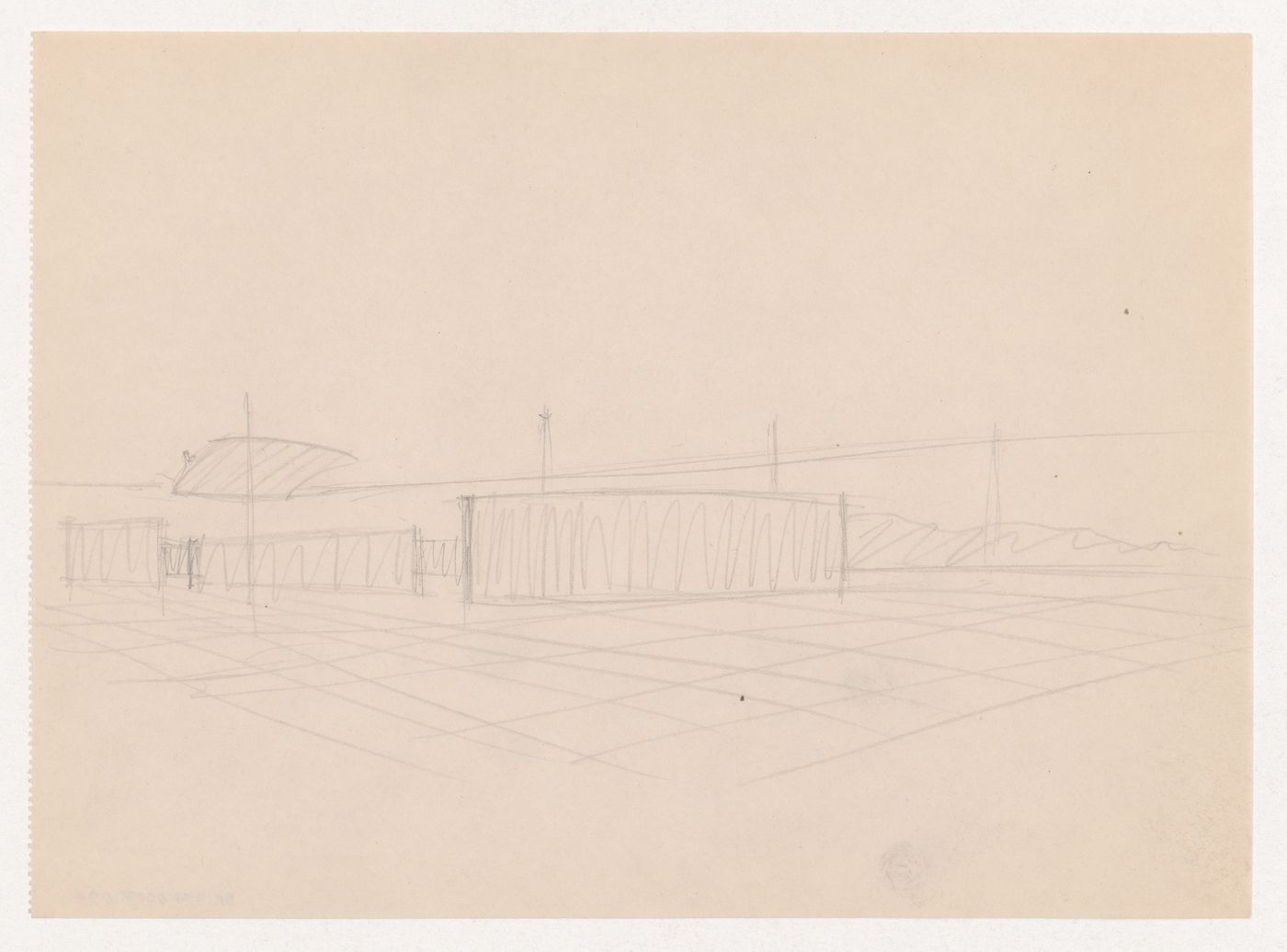 Interior perspective sketch for Museum for a Small City showing the auditorium with suspended ceiling