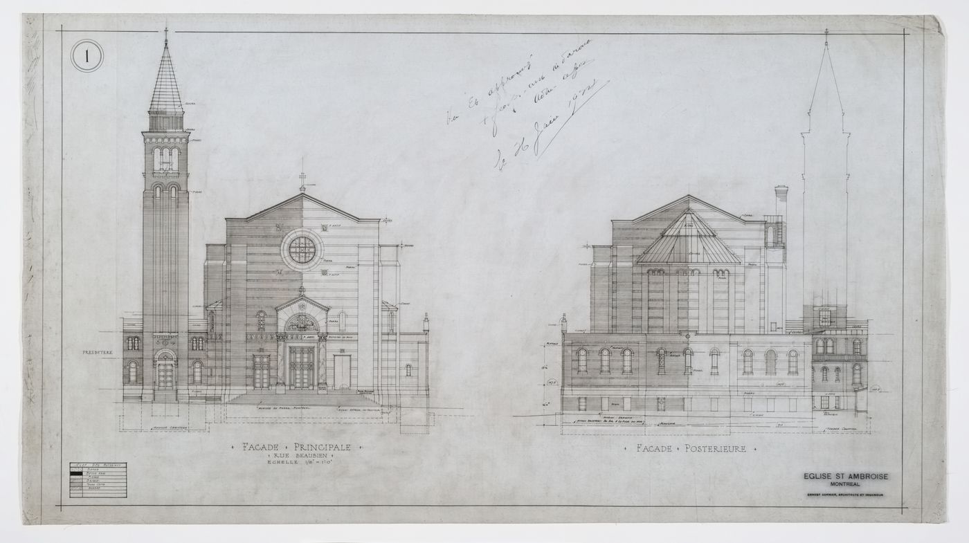 Élévations pour les façades principale et arrière, Église Saint-Ambroise, Montréal, Canada