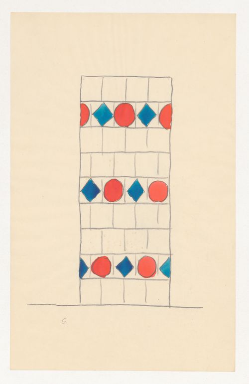 Design for a tiled stove decorated with red circles and blue diamonds