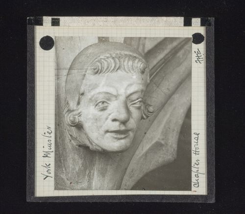View of sculpture of head in Chapter House of York Minster, York, North Yorkshire, England