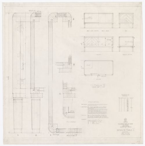 Plan, élévations, coupes et détails de la table "S" pour Cour suprême du Canada, Ottawa, Ontario