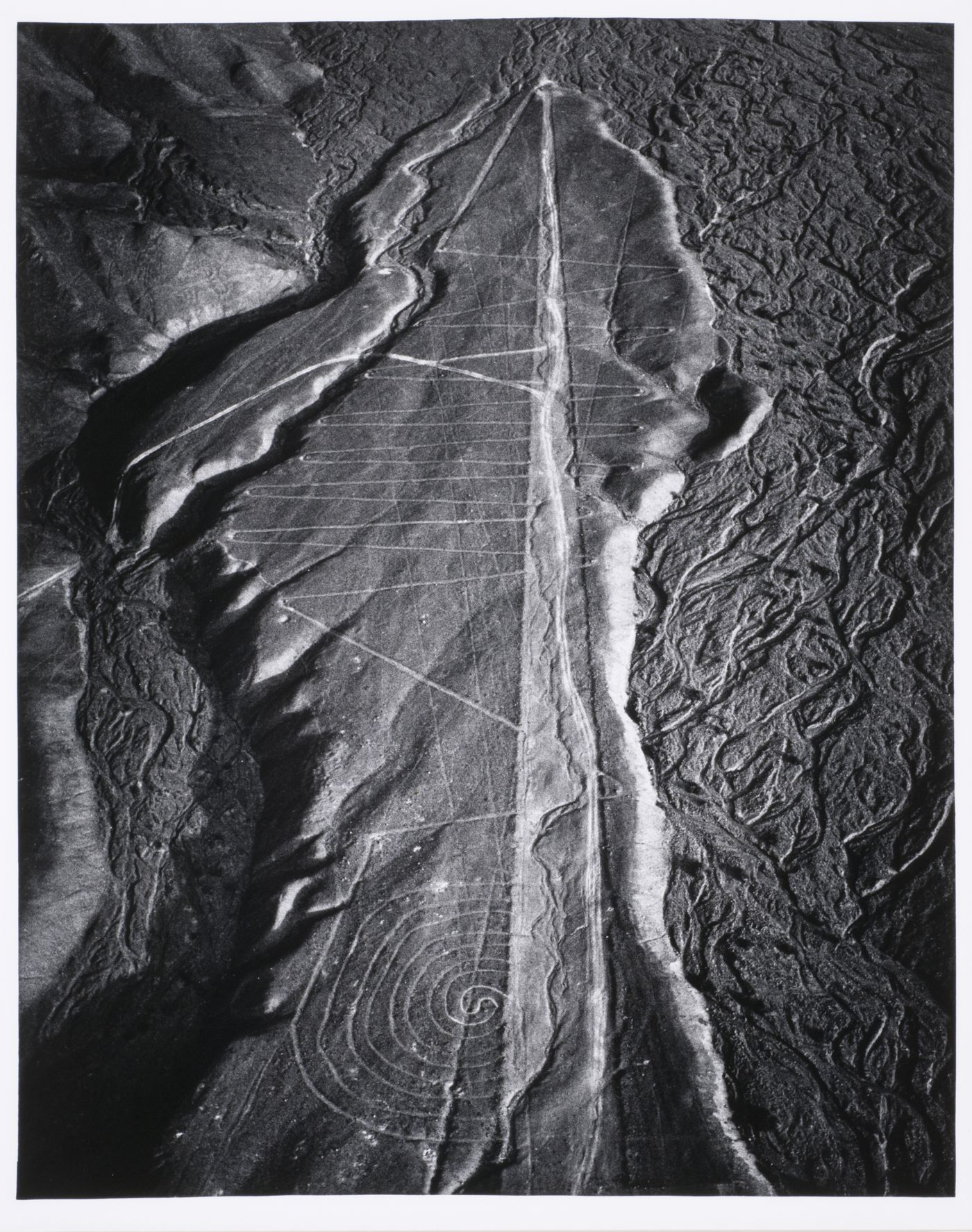Aerial view of the ancient earthwork "Yarn & Needle", Nazca, Peru
