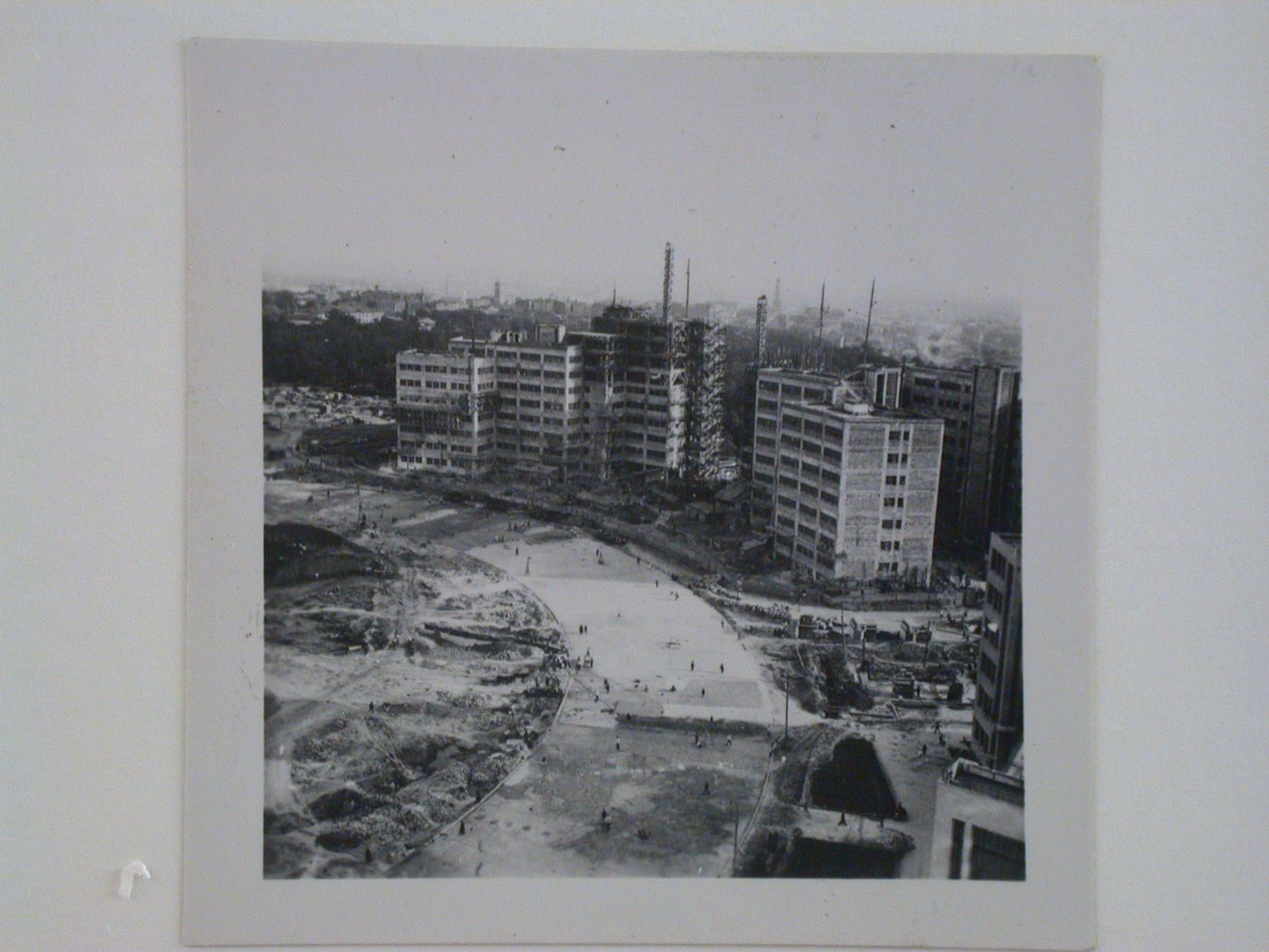 Bird's-eye view of the House of Planning Organizations buildings and Dzerzhinskaya Square under construction, Kharkov, Soviet Union (now in Ukraine)