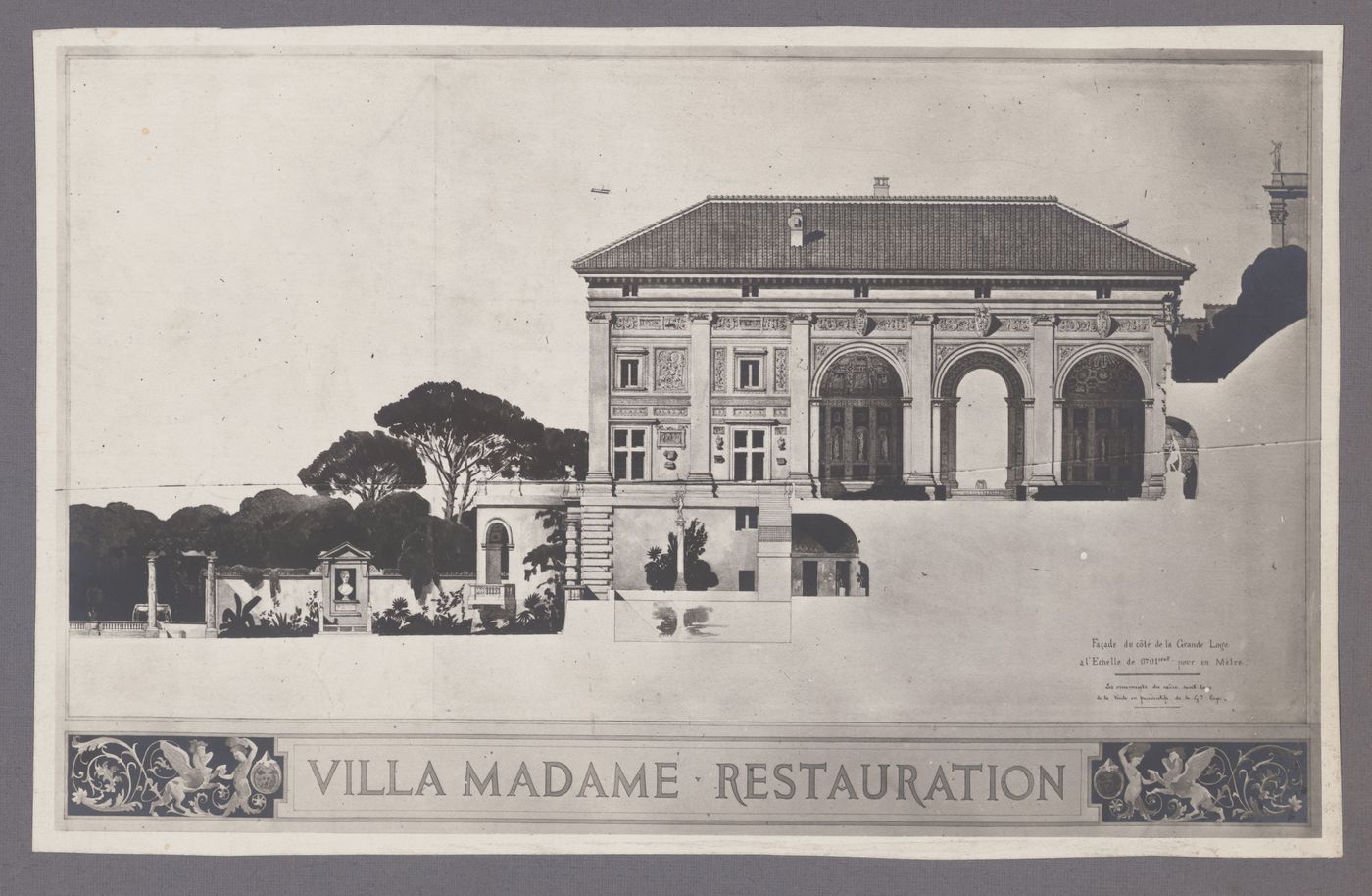 Élévation du côté de la Grande Loge pour la restauration de la Villa Madama, Rome, Italie
