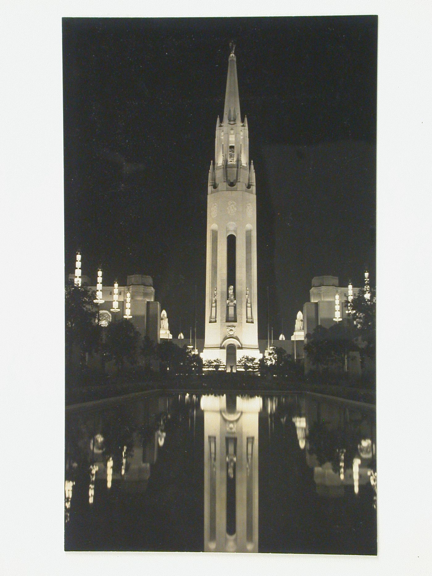 Night view of the Court of Honor and the Tower of the Sun taken from the Court of Reflections, Golden Gate International Exposition of 1939-1940, Treasure Island, San Francisco, California